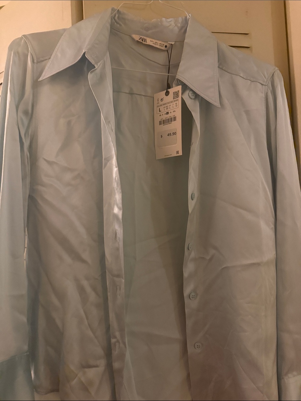 Zara Light Blue Satin Button-Up Blouse